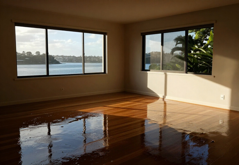 Flooded living room in a Kellyville home with waterlogged carpet and furniture